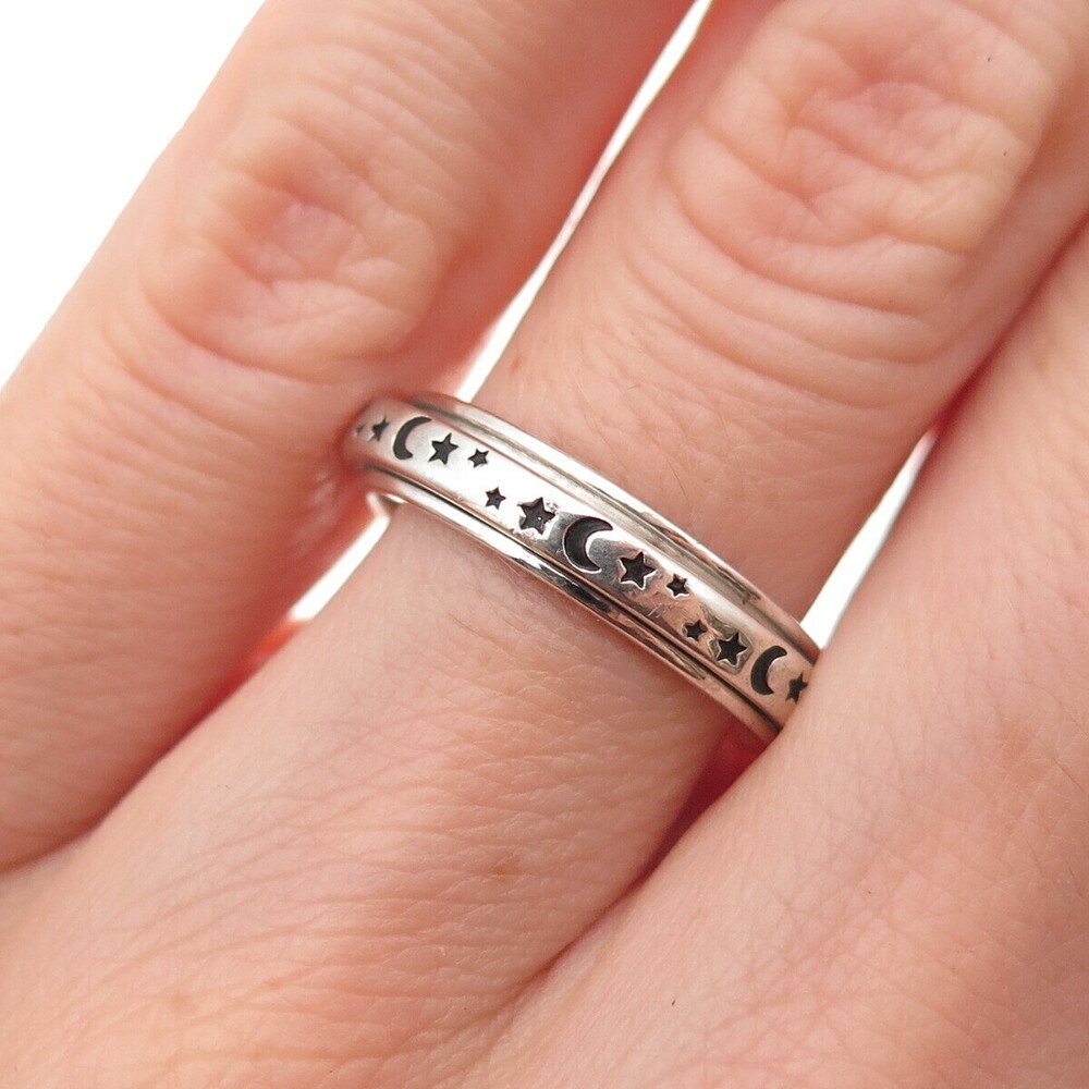 925 Sterling Silver Vintage Crescent Moon & Star Rotating Band Ring Size 6.5